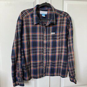 Columbia Plaid Cropped Shirt Womens L Blue Outdoor Western Button Up